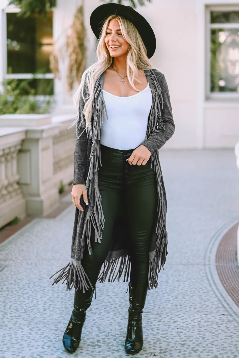 Charcoal Fringe Hem Long Cardigan