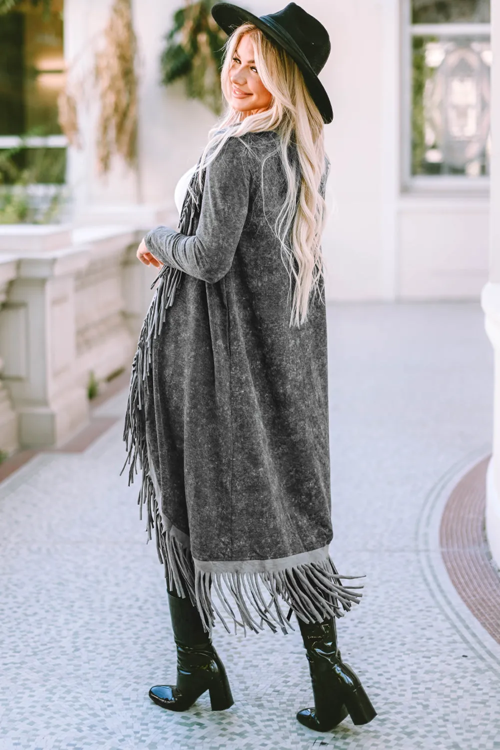 Charcoal Fringe Hem Long Cardigan