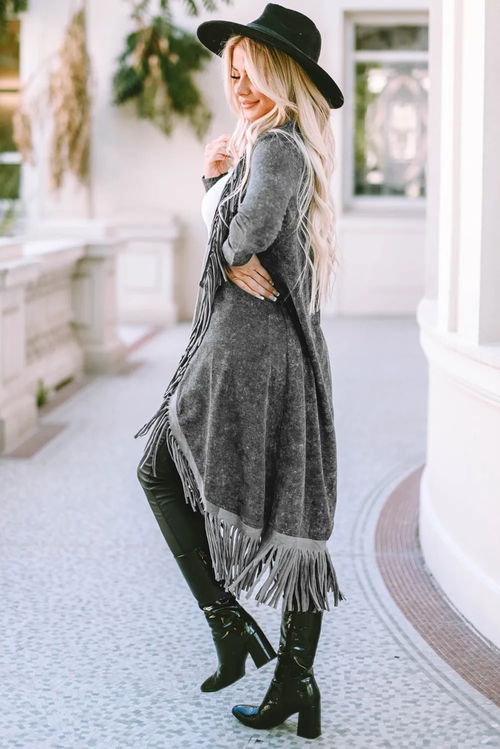 Charcoal Fringe Hem Long Cardigan
