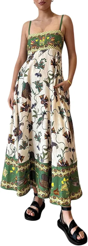 CHARTOU Women's Boho Floral Spaghetti Strap Long Dress Square Neck Vintage Y2k Graffiti Cami Maxi Dress