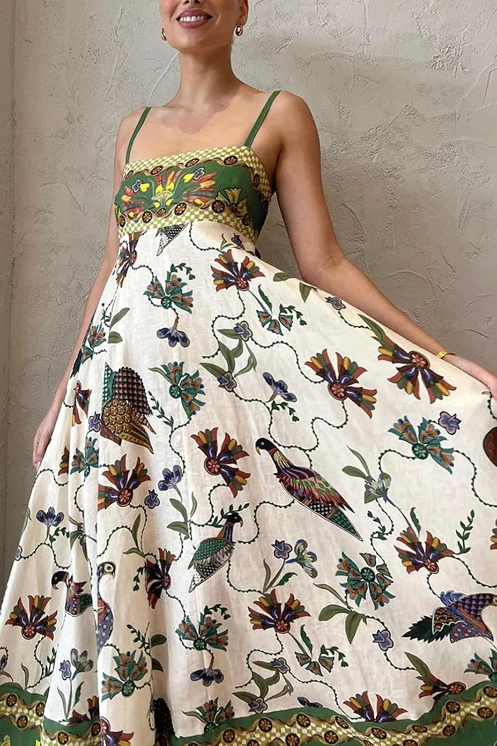 CHARTOU Women's Boho Floral Spaghetti Strap Long Dress Square Neck Vintage Y2k Graffiti Cami Maxi Dress