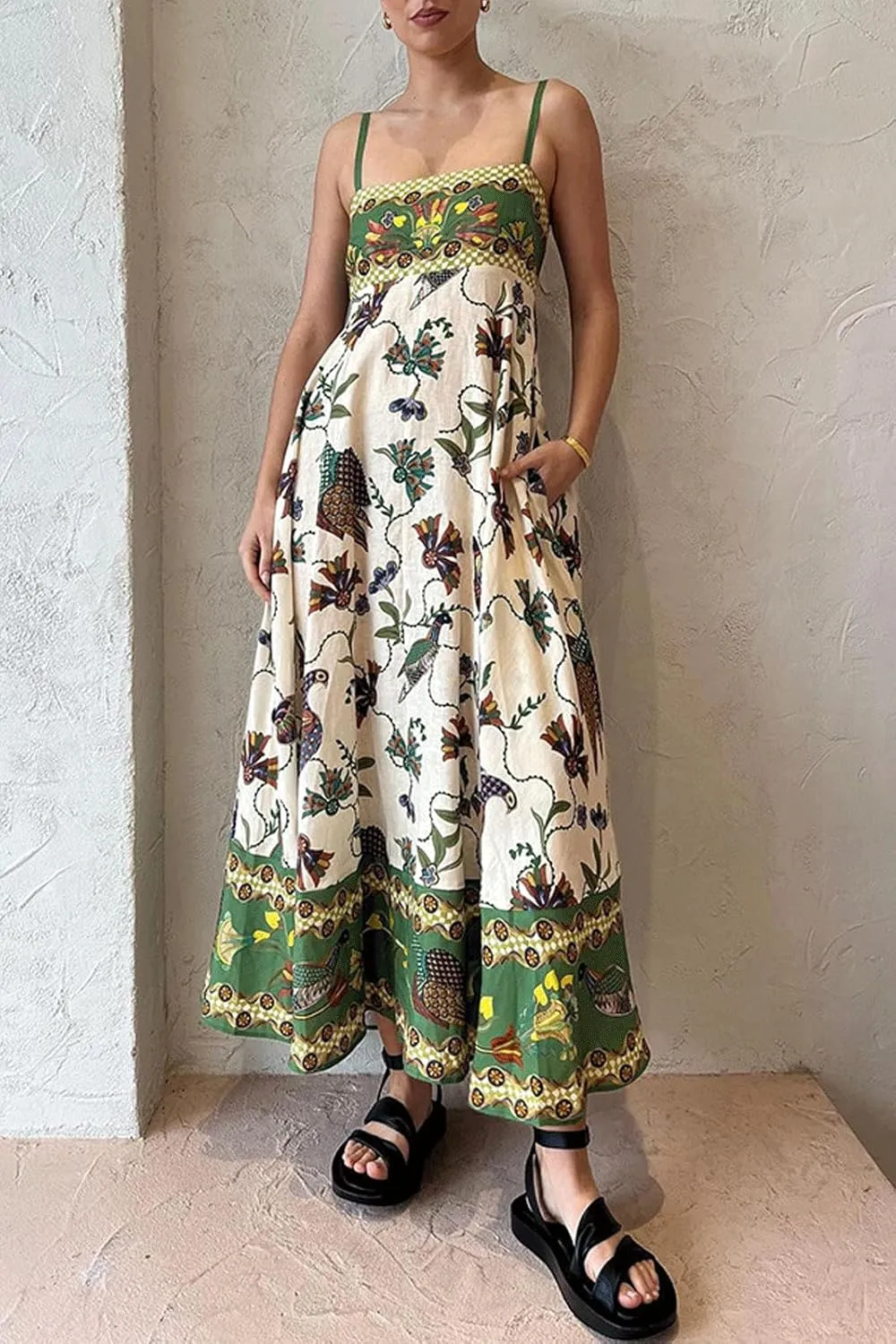 CHARTOU Women's Boho Floral Spaghetti Strap Long Dress Square Neck Vintage Y2k Graffiti Cami Maxi Dress