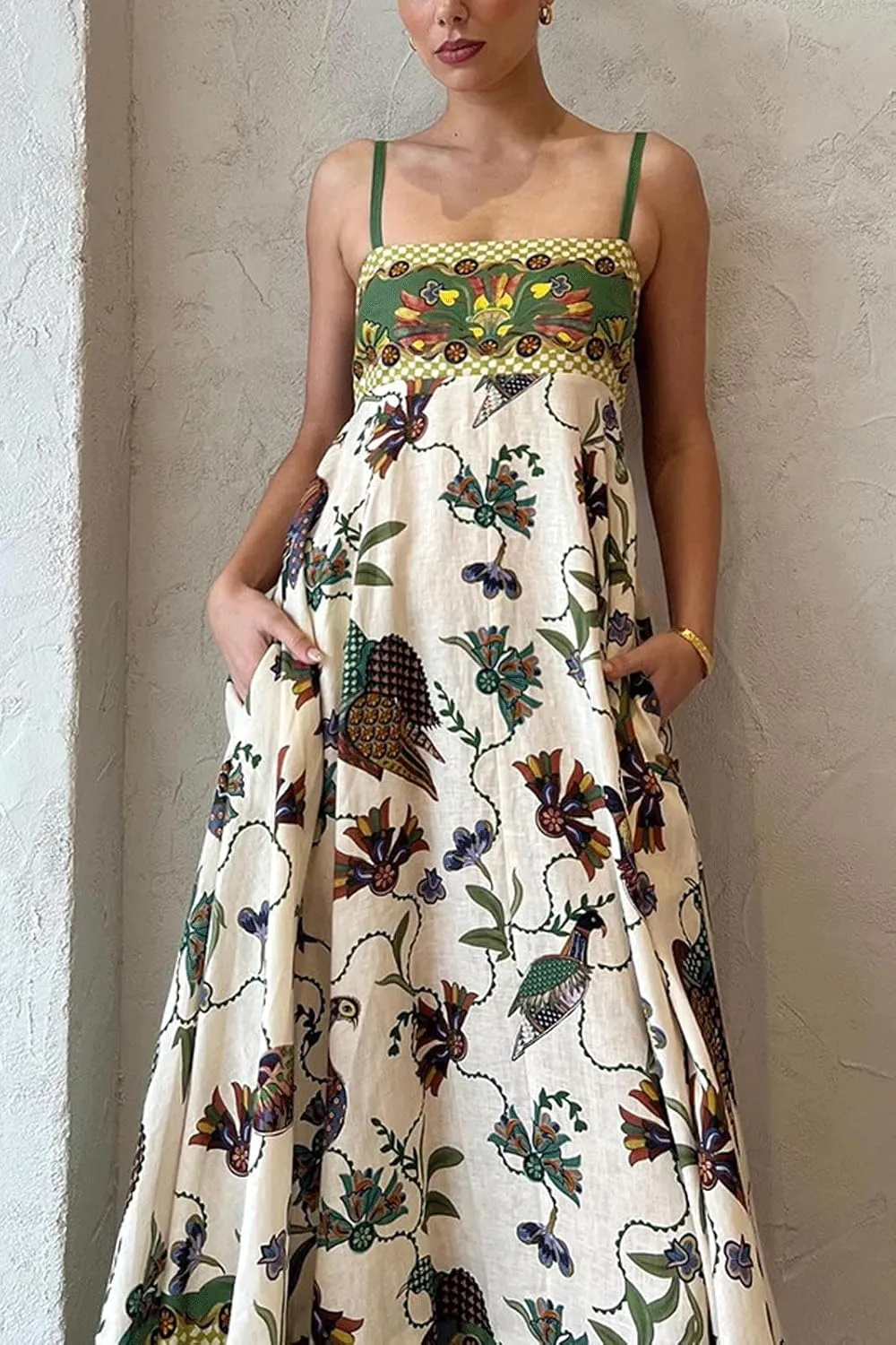 CHARTOU Women's Boho Floral Spaghetti Strap Long Dress Square Neck Vintage Y2k Graffiti Cami Maxi Dress