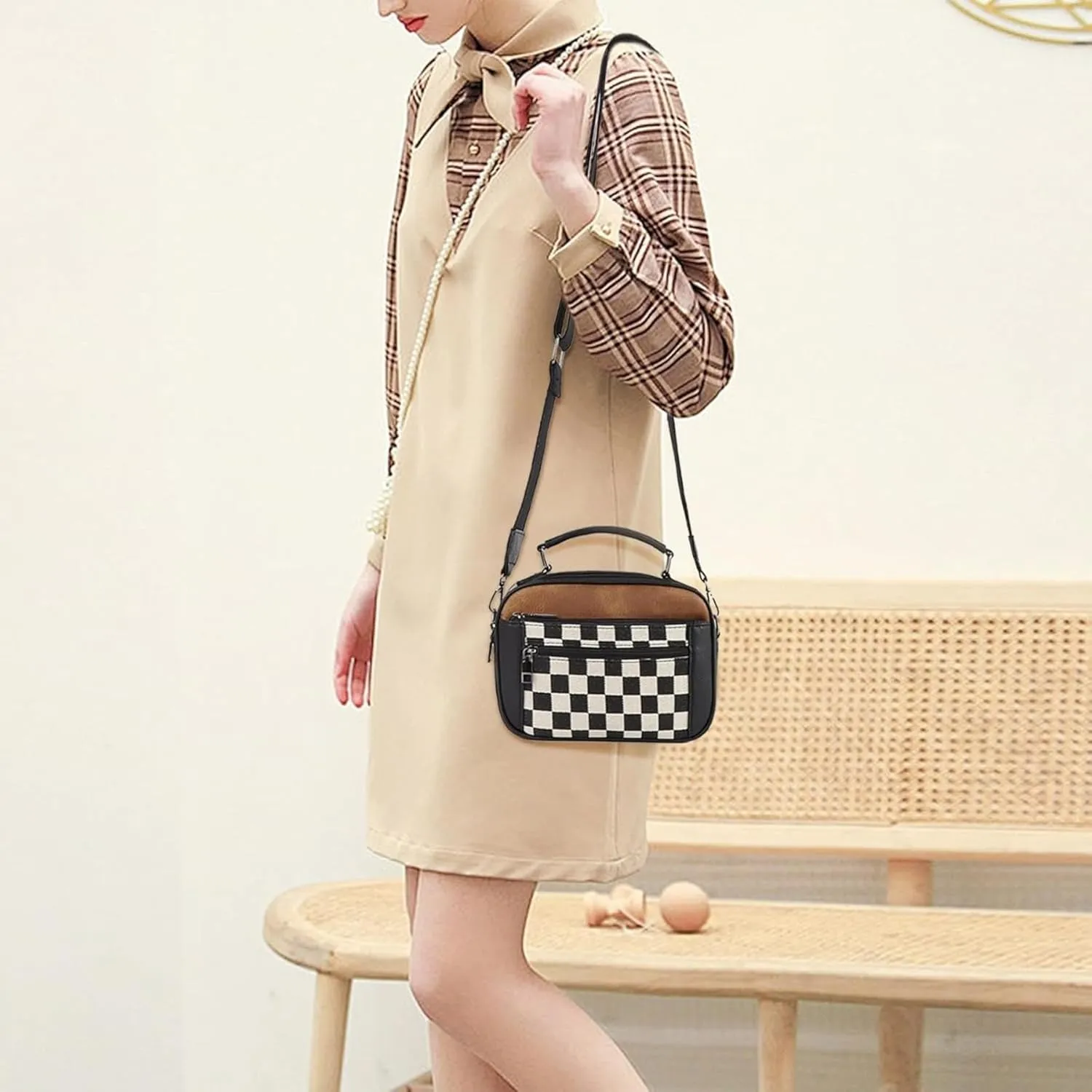Checkered Crossbody Bag Checkerboard Purse For Women Plaid Pattern Shoulder Bags Colorblock Leather Handbag