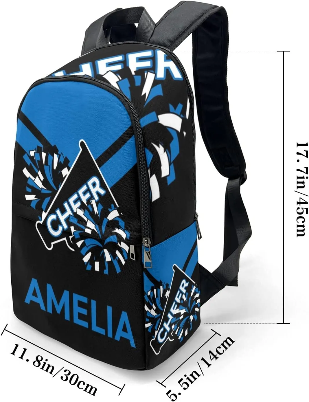 Cheerleader Blue Personalized Backpack for Teen Boys Girls,Custom Travel Backpack Bookbag Casual Bag Name Gift 11.8"(L) x 5.51"(W) x 17.72"(H)