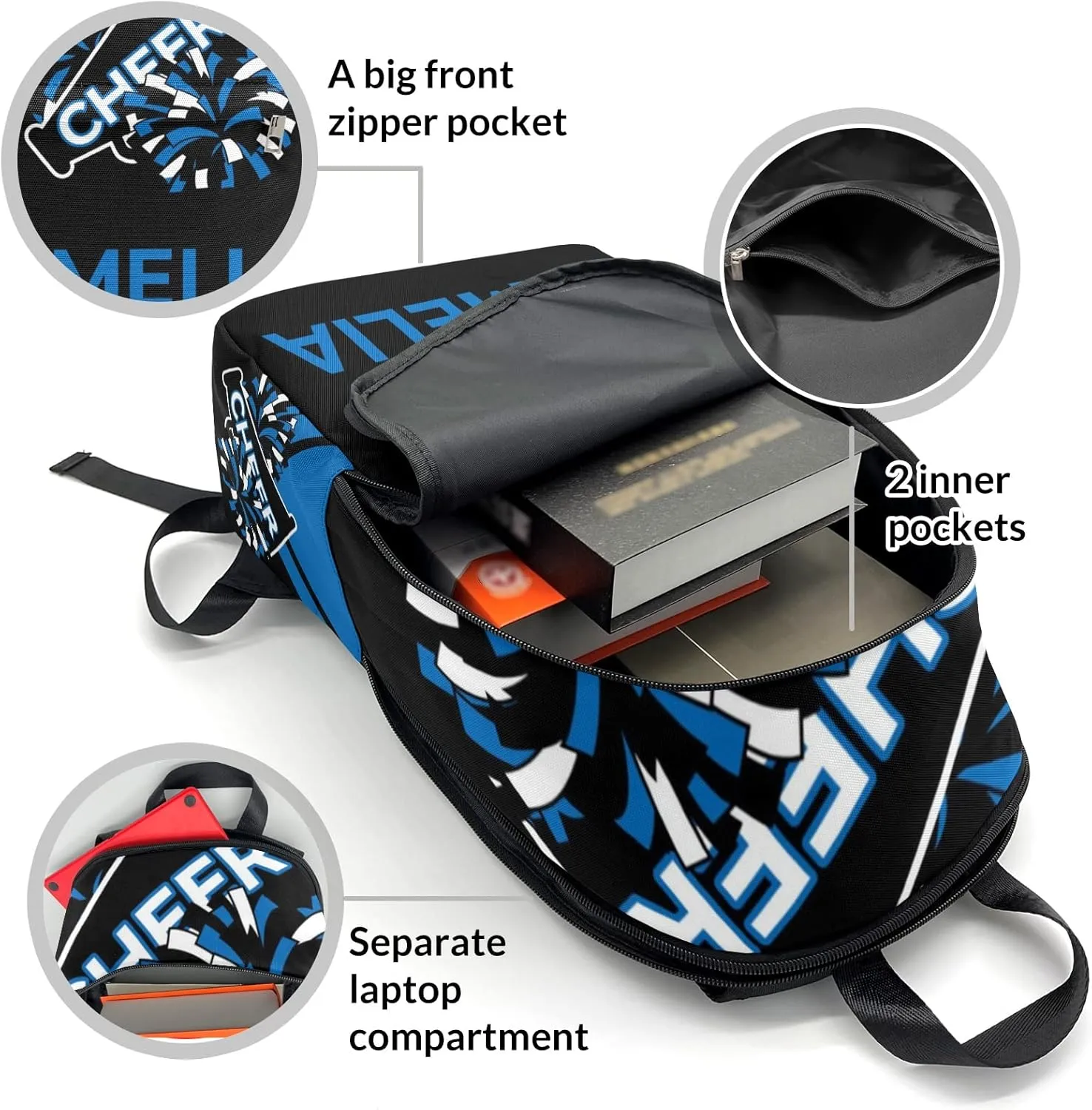 Cheerleader Blue Personalized Backpack for Teen Boys Girls,Custom Travel Backpack Bookbag Casual Bag Name Gift 11.8"(L) x 5.51"(W) x 17.72"(H)