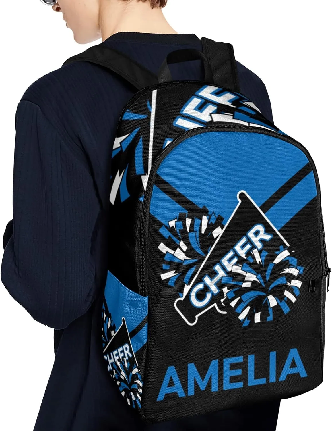 Cheerleader Blue Personalized Backpack for Teen Boys Girls,Custom Travel Backpack Bookbag Casual Bag Name Gift 11.8"(L) x 5.51"(W) x 17.72"(H)