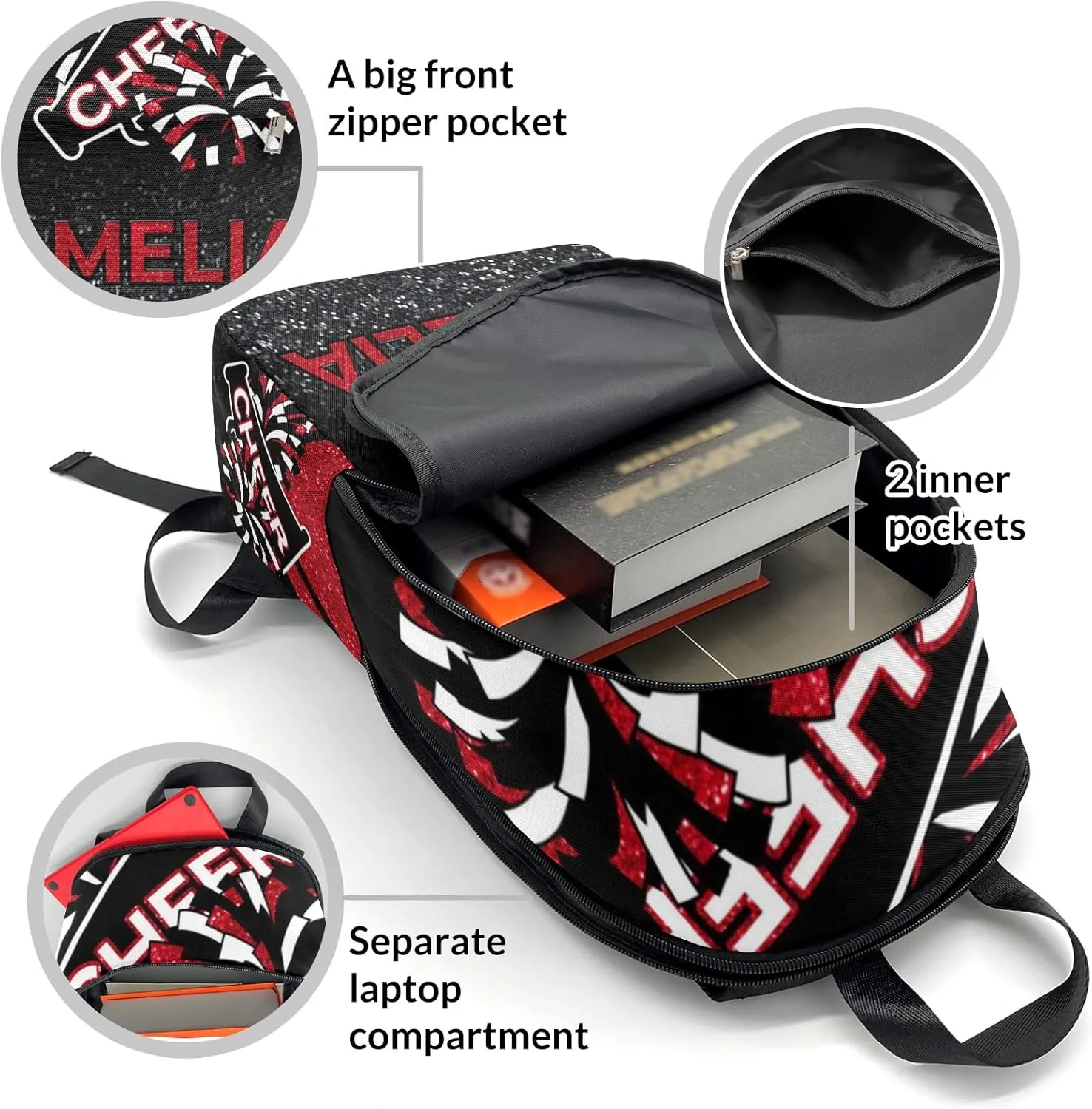 Cheerleader Red Personalized Backpack for Teen Boys Girls,Custom Travel Backpack Bookbag Casual Bag Name Gift 11.8"(L) x 5.51"(W) x 17.72"(H)