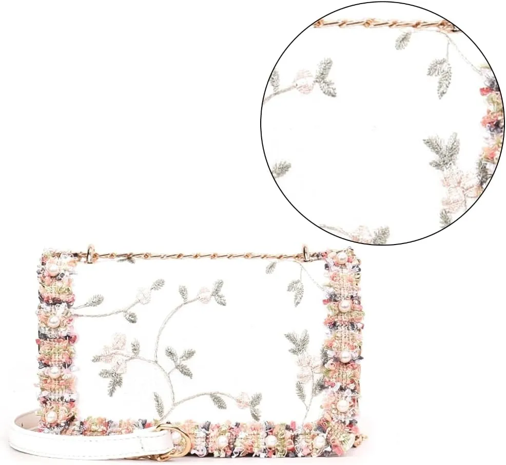 Chic Embroidered Crossbody Bag with Chain Strap Sophisticated Shoulder Bag PU