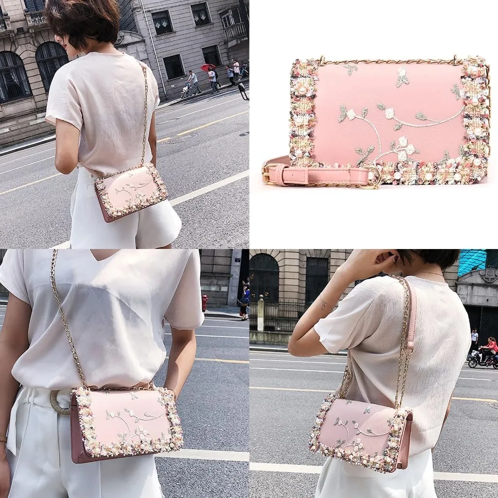 Chic Embroidered Crossbody Bag with Chain Strap Sophisticated Shoulder Bag PU