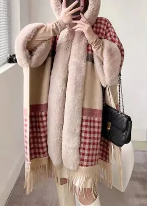 Chic Plaid Hooded Tasseled Patchwork Warm Fleece Cape Coat Half Sleeve YW017