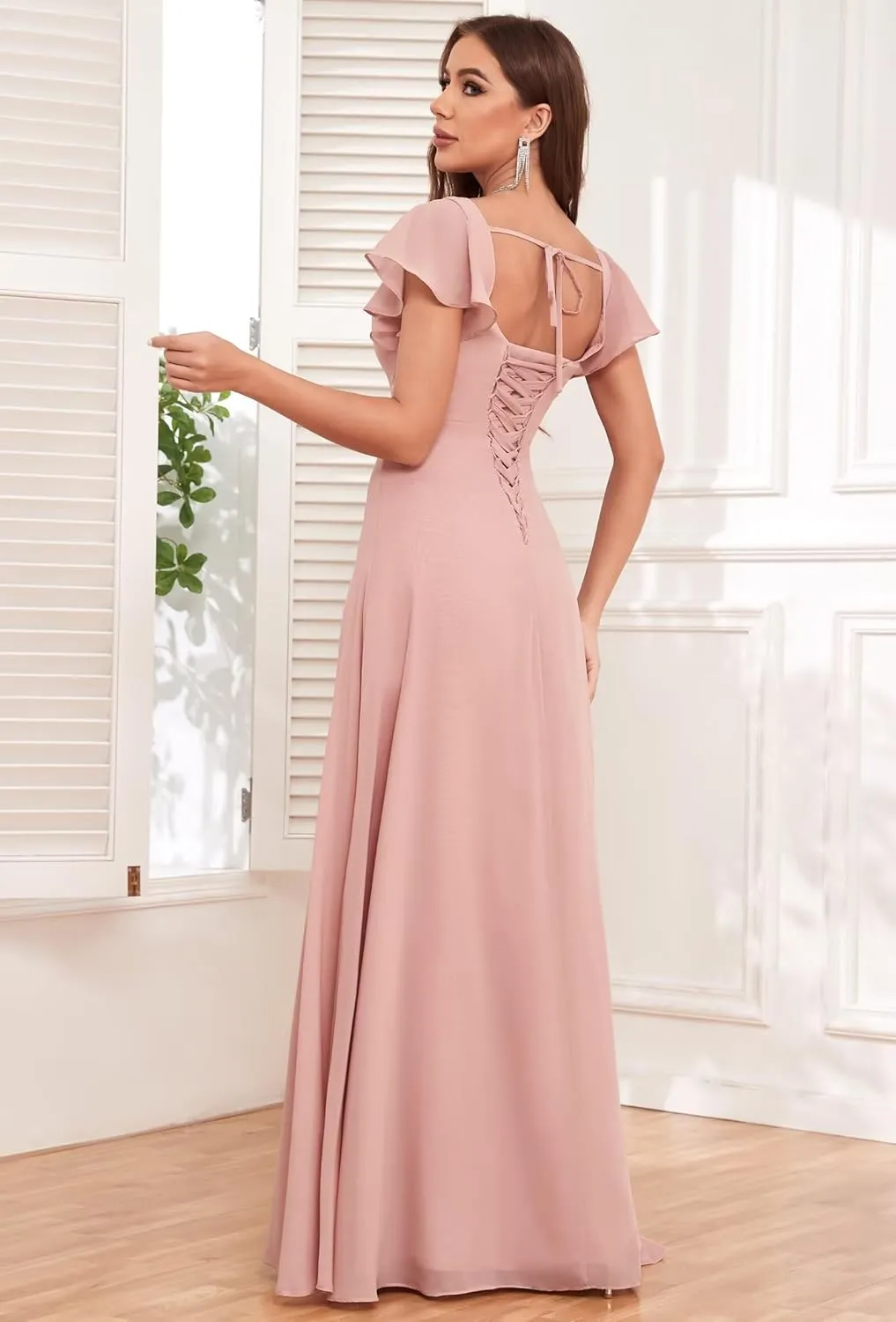 Chiffon Bridesmaid Dresses with Slit Ruffle Sleeve Square Neck A Line Formal Evening Dress for Wedding