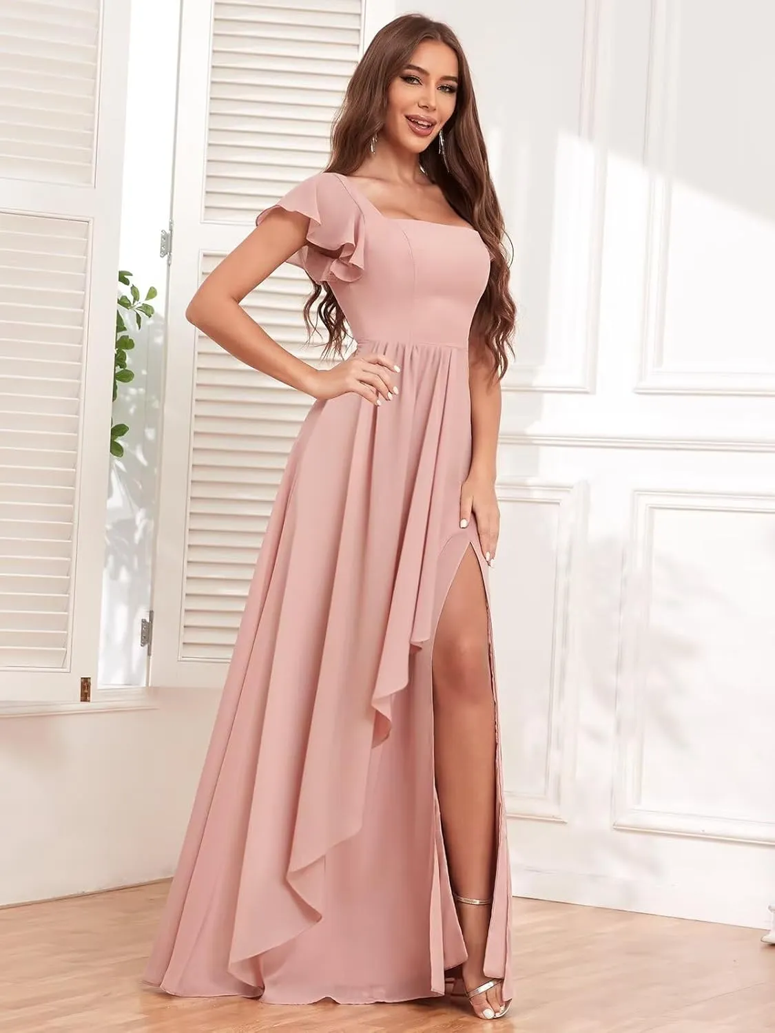 Chiffon Bridesmaid Dresses with Slit Ruffle Sleeve Square Neck A Line Formal Evening Dress for Wedding