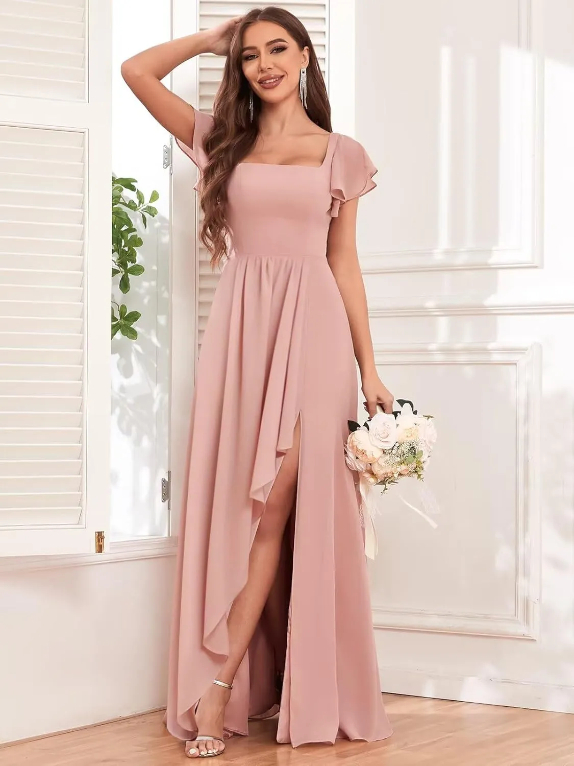 Chiffon Bridesmaid Dresses with Slit Ruffle Sleeve Square Neck A Line Formal Evening Dress for Wedding