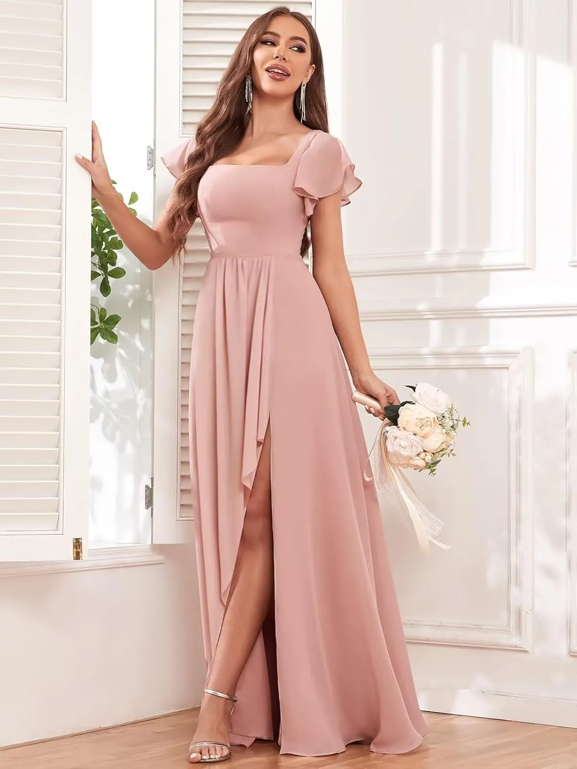 Chiffon Bridesmaid Dresses with Slit Ruffle Sleeve Square Neck A Line Formal Evening Dress for Wedding