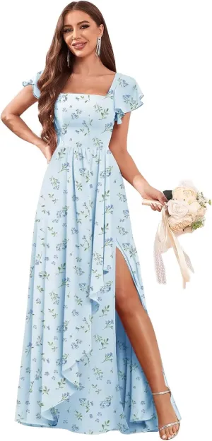 Chiffon Bridesmaid Dresses with Slit Ruffle Sleeve Square Neck A Line Formal Evening Dress for Wedding