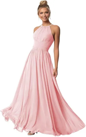 Chiffon Halter Bridesmaid Dresses for Wedding Long Spaghetti Straps A Line Formal Evening Prom Party Gown