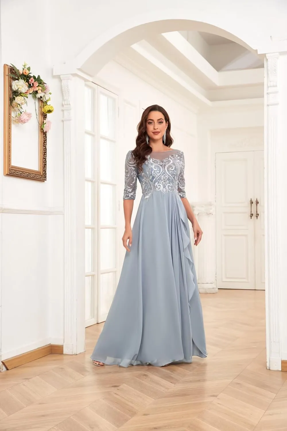 Chiffon Lace Mother of The Bride Dresses for Women Long Elegant Ruffle Formal Evening Gown with Sleeves