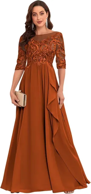Chiffon Lace Mother of The Bride Dresses for Women Long Elegant Ruffle Formal Evening Gown with Sleeves