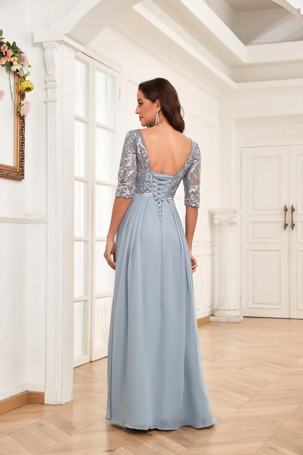 Chiffon Lace Mother of The Bride Dresses for Women Long Elegant Ruffle Formal Evening Gown with Sleeves