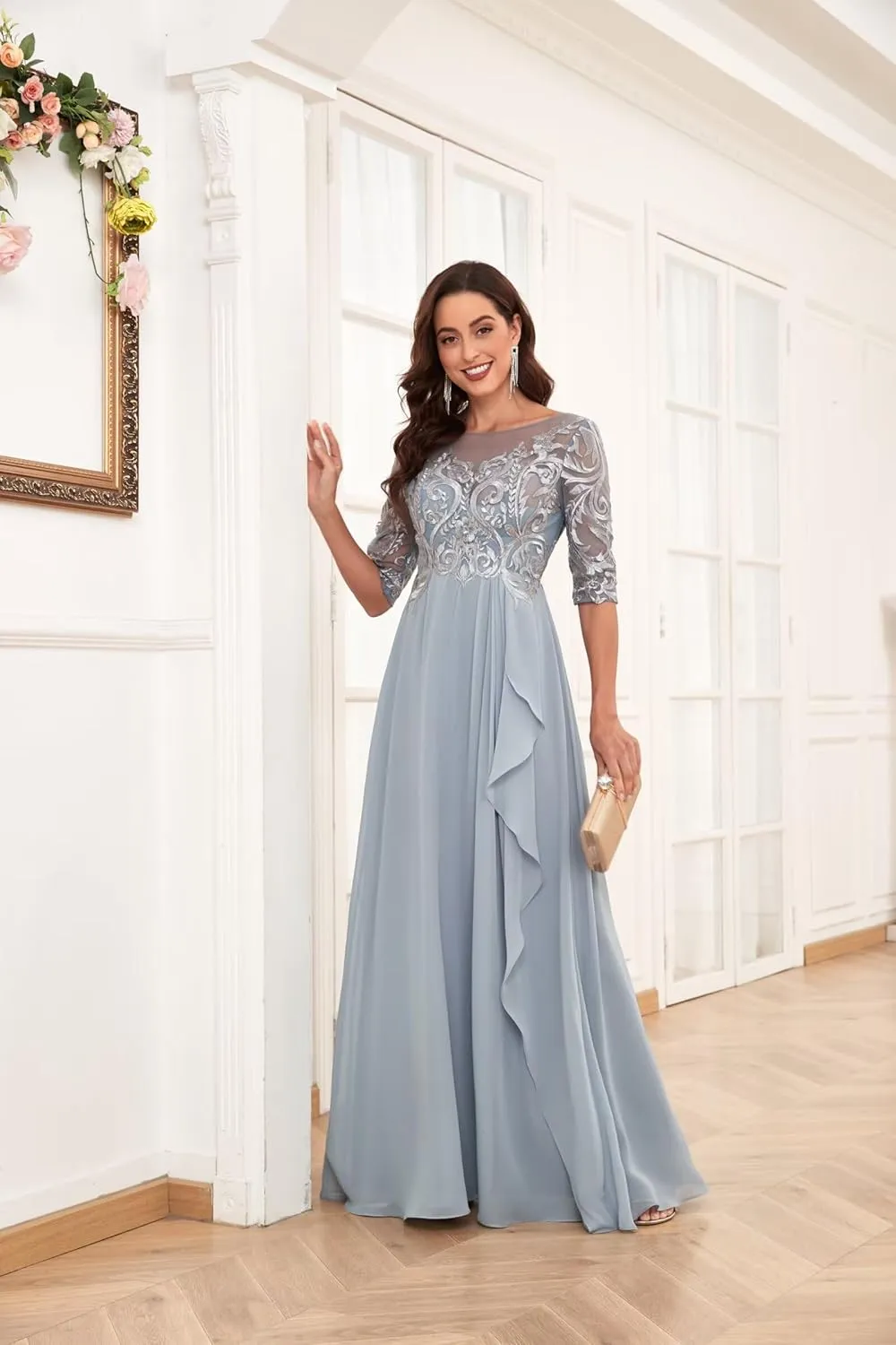 Chiffon Lace Mother of The Bride Dresses for Women Long Elegant Ruffle Formal Evening Gown with Sleeves