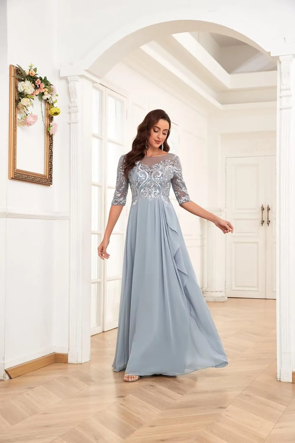 Chiffon Lace Mother of The Bride Dresses for Women Long Elegant Ruffle Formal Evening Gown with Sleeves