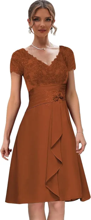 Chiffon Lace Mother of The Bride Dresses with Sleeves Ruffles Short Formal Dress for Women