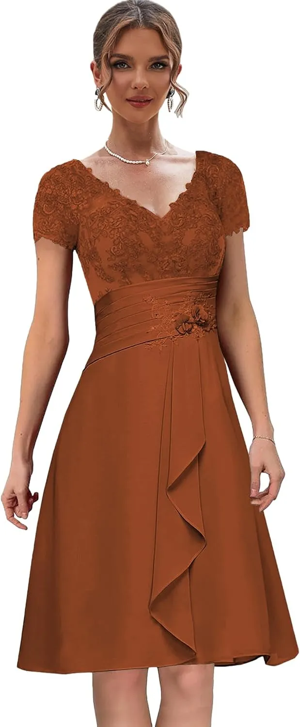 Chiffon Lace Mother of The Bride Dresses with Sleeves Ruffles Short Formal Dress for Women