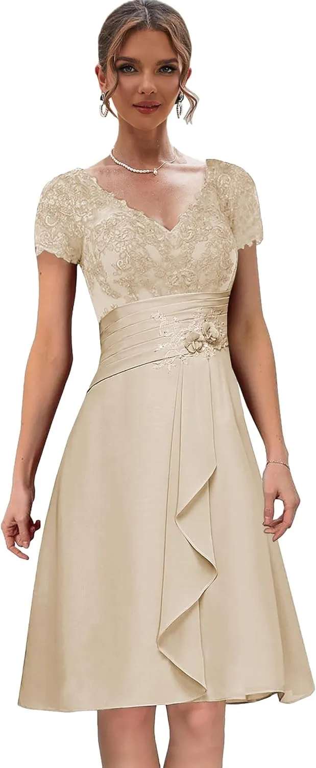 Chiffon Lace Mother of The Bride Dresses with Sleeves Ruffles Short Formal Dress for Women
