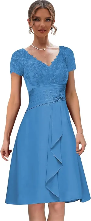 Chiffon Lace Mother of The Bride Dresses with Sleeves Ruffles Short Formal Dress for Women