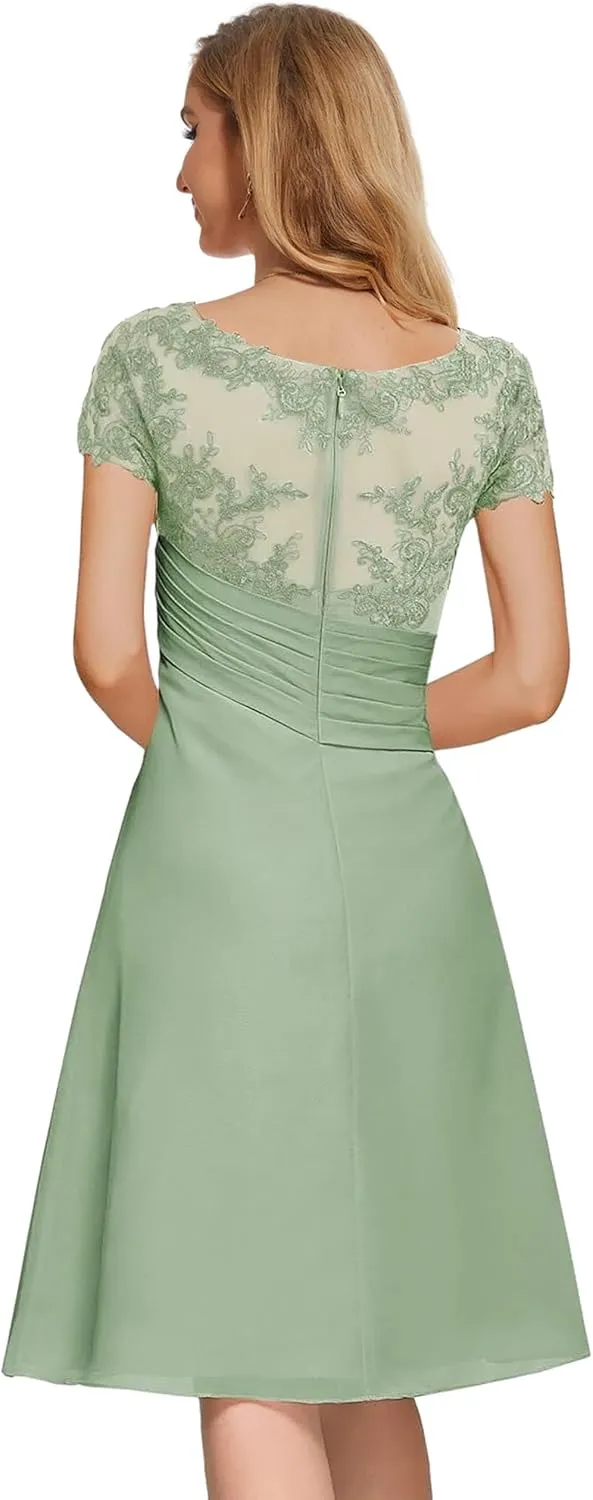 Chiffon Lace Mother of The Bride Dresses with Sleeves Ruffles Short Formal Dress for Women