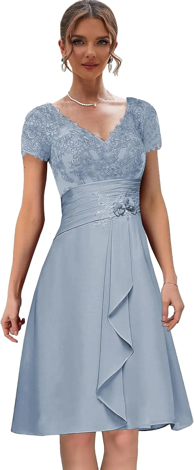 Chiffon Lace Mother of The Bride Dresses with Sleeves Ruffles Short Formal Dress for Women