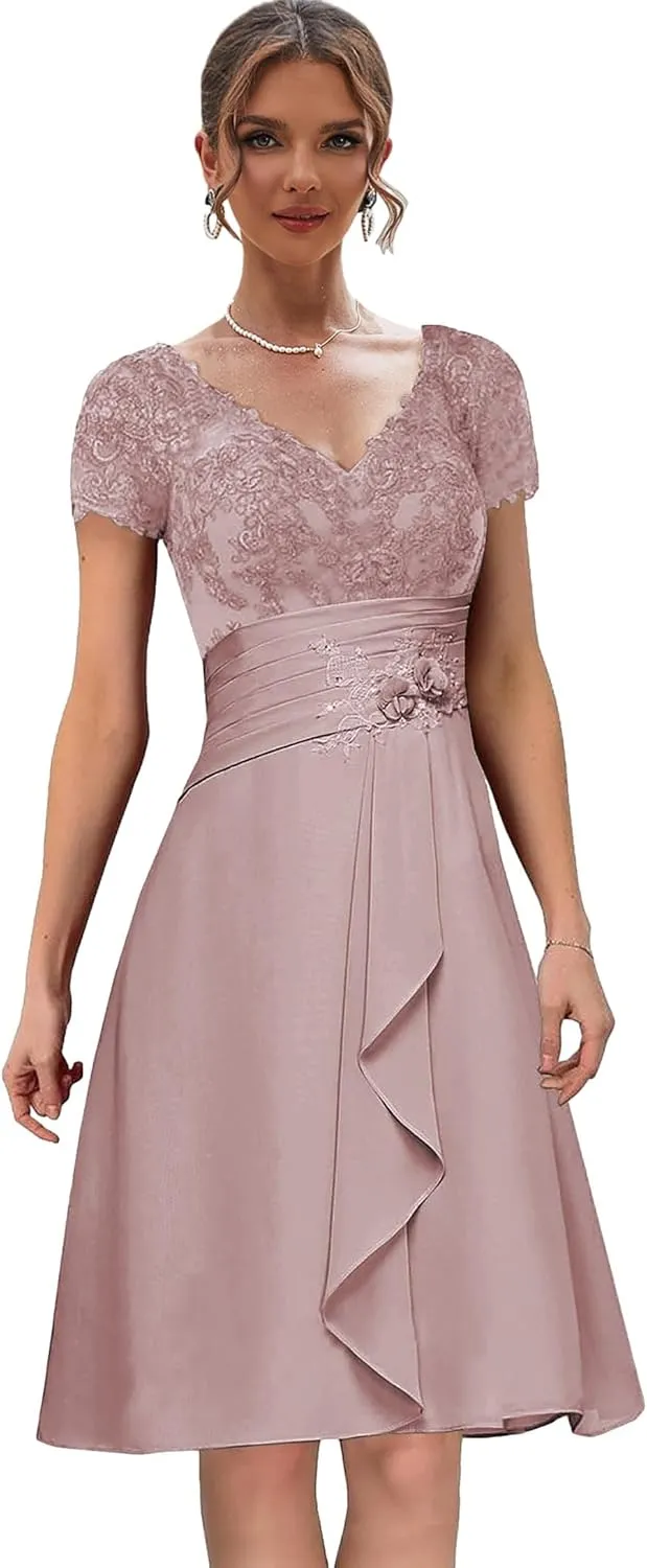 Chiffon Lace Mother of The Bride Dresses with Sleeves Ruffles Short Formal Dress for Women