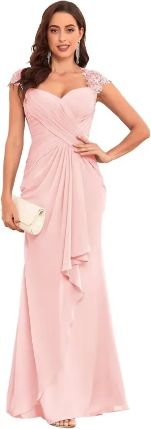 Chiffon Mermaid Mother of The Bride Dresses for Wedding Long Lace Pleated Ruffle Formal Evening Dress