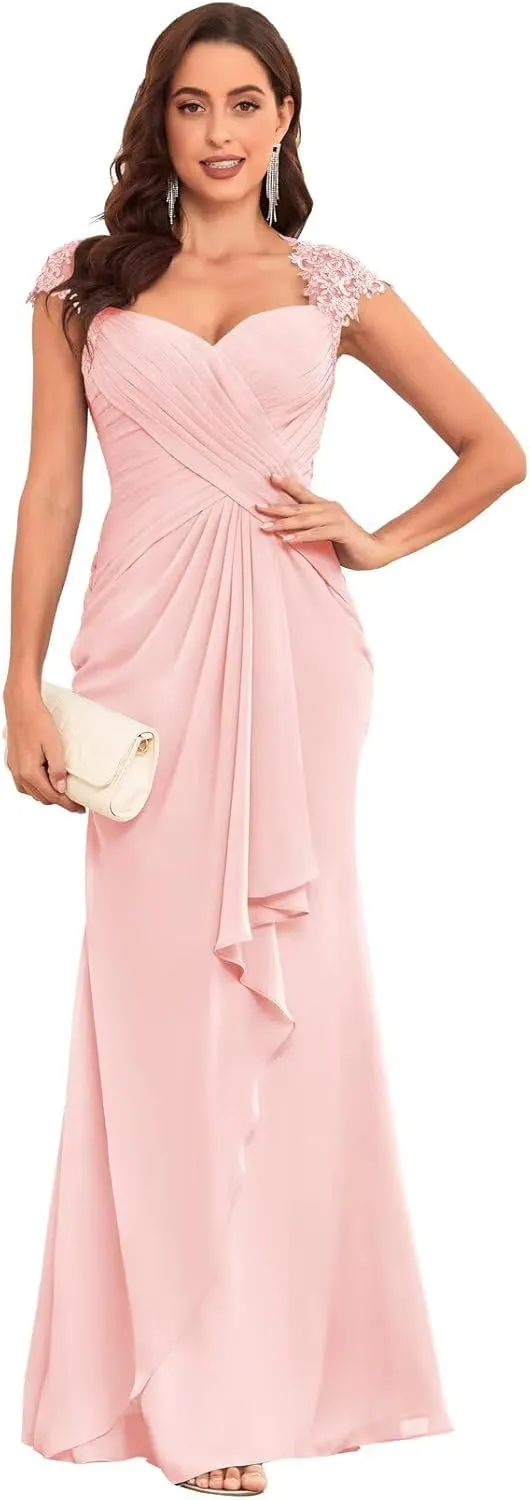 Chiffon Mermaid Mother of The Bride Dresses for Wedding Long Lace Pleated Ruffle Formal Evening Dress