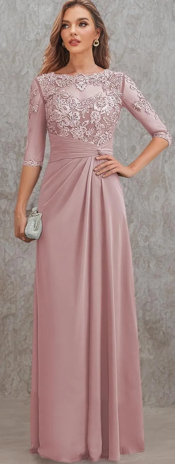Chiffon Mother of The Bride Dresses for Wedding Corset Lace Formal Evening Dress with Sleeves
