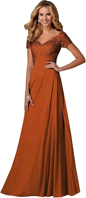 Chiffon Mother of The Bride Dresses Long Laces Appliques V-Neck Pleat Mother Bride Dresses for Wedding with Sleeves