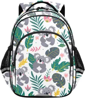 CHIFIGNO Cute Koala Tropical Leaves White Kids Backpack with Reflective Stripes Bookbag for Boys Girls Lightweight Daypack Backpacks