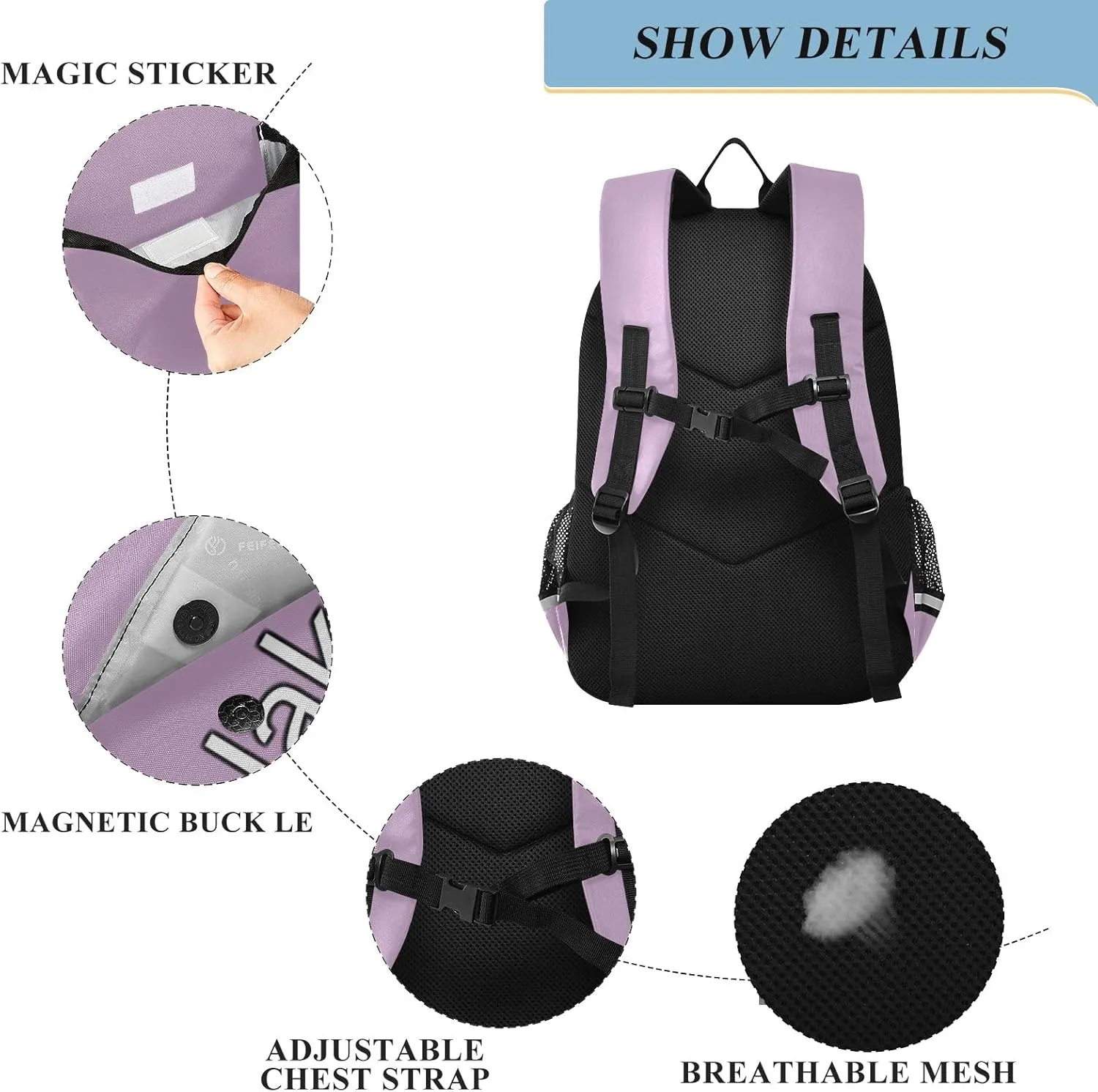 CHIFIGNO Lilac Personalized Backpack Kids, Custom Monogram Boys Backpack 10-12 Years Old Reflective Strips, Adjustable Straps