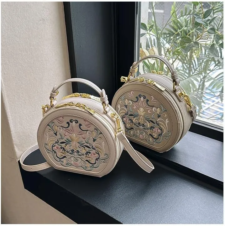 Chinese-style Embroidered Round Bag, Handheld, Crossbody, Portable and Single-shoulder