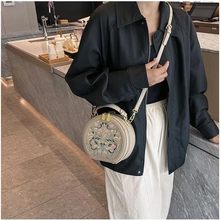 Chinese-style Embroidered Round Bag, Handheld, Crossbody, Portable and Single-shoulder
