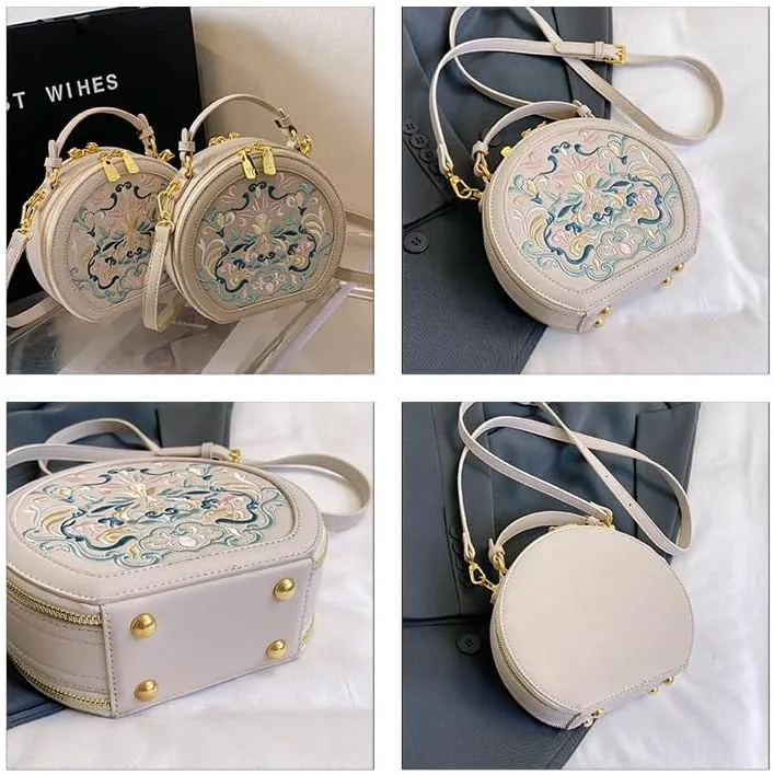 Chinese-style Embroidered Round Bag, Handheld, Crossbody, Portable and Single-shoulder