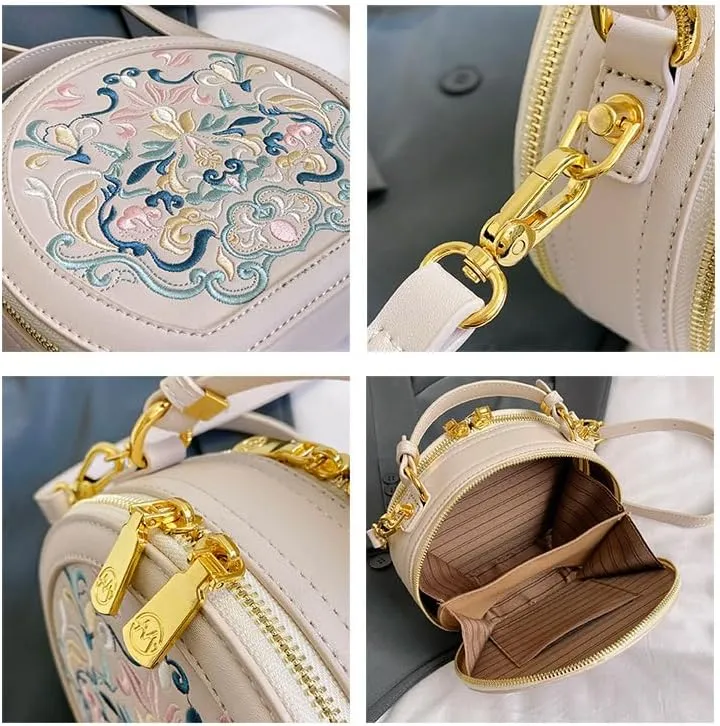 Chinese-style Embroidered Round Bag, Handheld, Crossbody, Portable and Single-shoulder