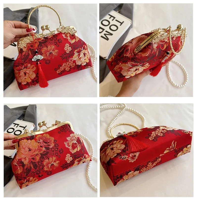 Chinese Style Embroidered Snap-button Shoulder Bags Cheongsam Traditional Exquisite Women's Handbag Red Bridal Pearl Wedding Bag