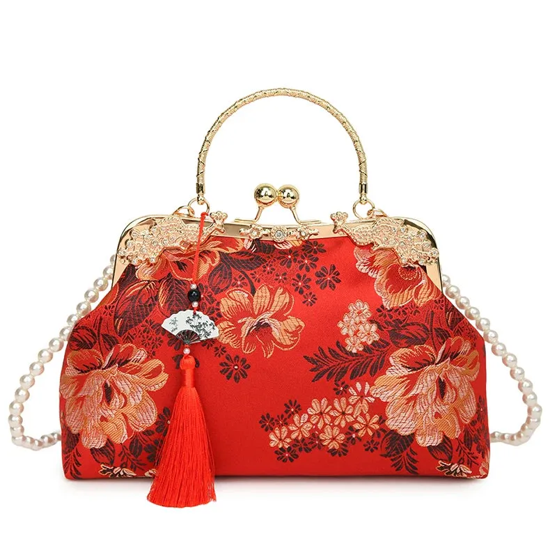 Chinese Style Embroidered Snap-button Shoulder Bags Cheongsam Traditional Exquisite Women's Handbag Red Bridal Pearl Wedding Bag