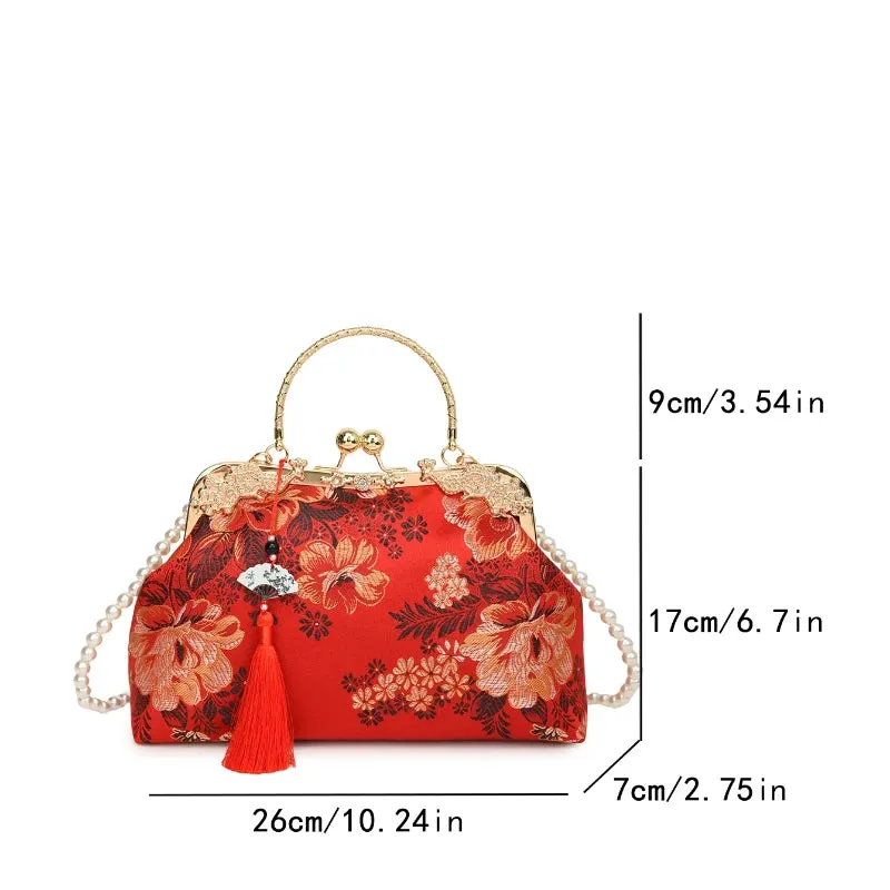 Chinese Style Embroidered Snap-button Shoulder Bags Cheongsam Traditional Exquisite Women's Handbag Red Bridal Pearl Wedding Bag