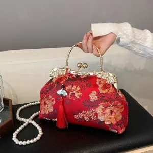 Chinese Style Embroidered Snap-button Shoulder Bags Cheongsam Traditional Exquisite Women's Handbag Red Bridal Pearl Wedding Bag