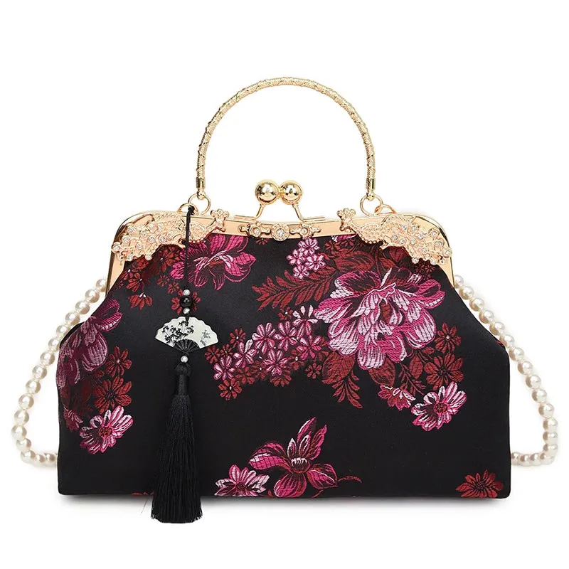 Chinese Style Embroidered Snap-button Shoulder Bags Cheongsam Traditional Exquisite Women's Handbag Red Bridal Pearl Wedding Bag