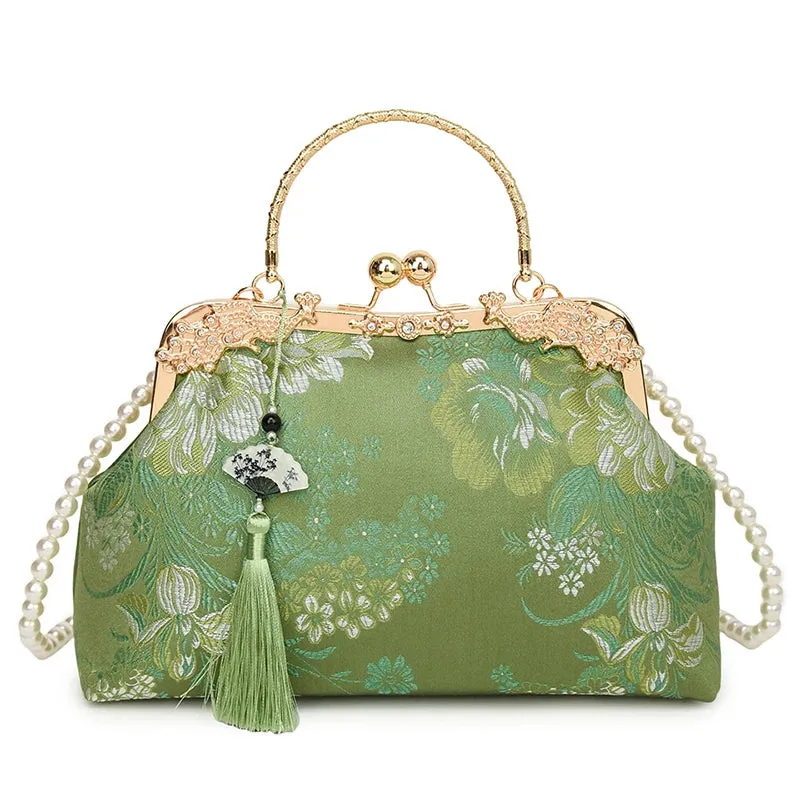 Chinese Style Embroidered Snap-button Shoulder Bags Cheongsam Traditional Exquisite Women's Handbag Red Bridal Pearl Wedding Bag