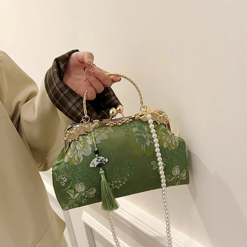Chinese Style Embroidered Snap-button Shoulder Bags Cheongsam Traditional Exquisite Women's Handbag Red Bridal Pearl Wedding Bag